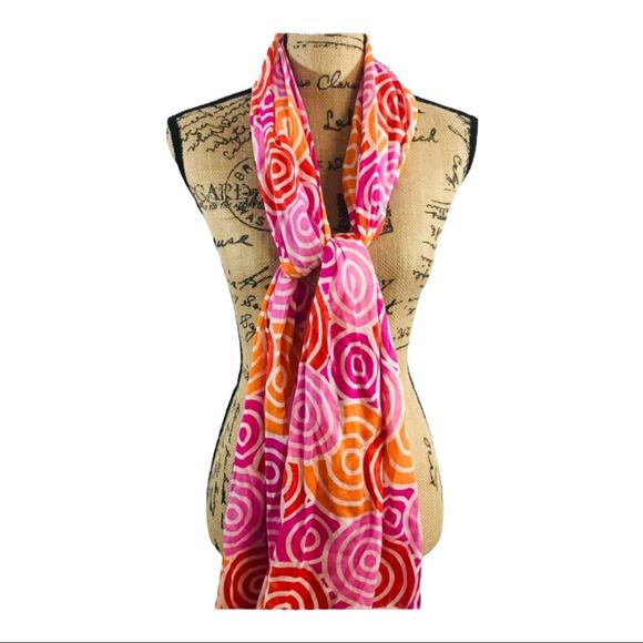 Pink Orange White Scarf or Wrap with Pink Pom Pom Trim - Picture 5 of 14